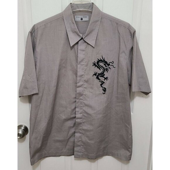 Jonathan Adams Mens Short Sleeve Button Up Shirt Gray Chinese Dragon Graphic L - Picture 1 of 9